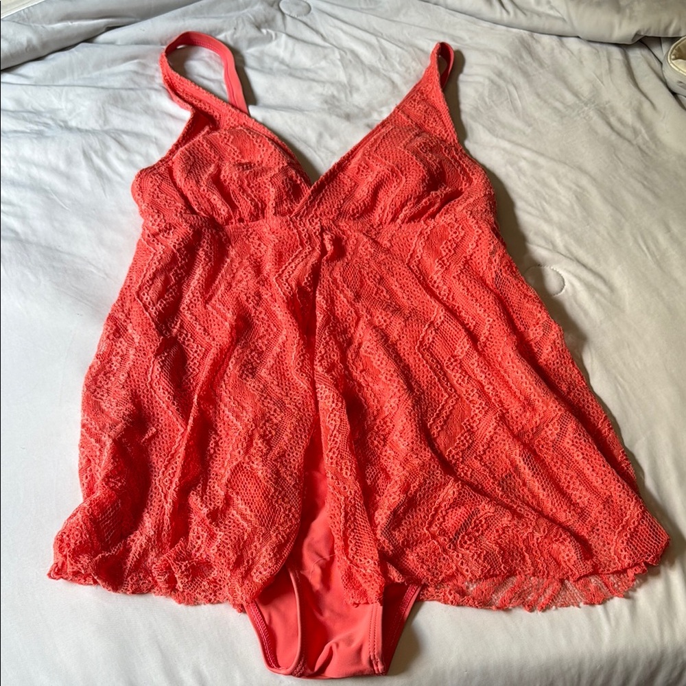 Elegant Coral Lace Swim Dress
